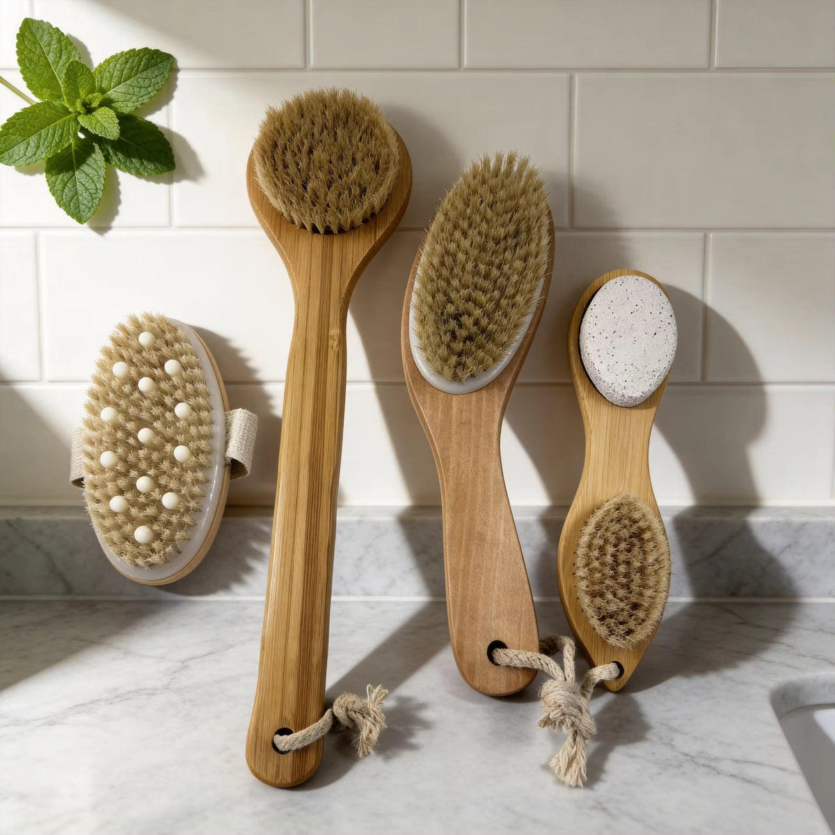 Dry brush set met natuurlijke haren in de badkamer