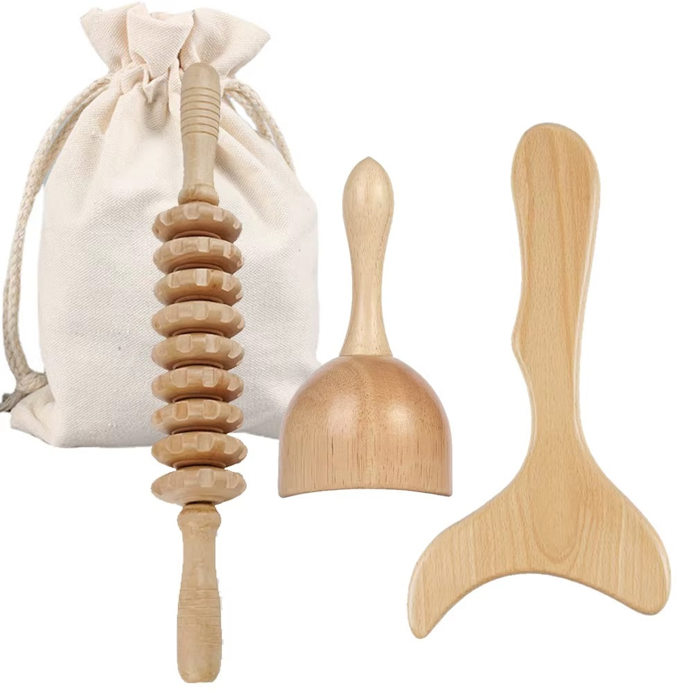 Houten massageset met opbergzak